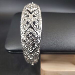 Art Nouveau Style Rhinestone Hinged Bracelet Silver Tone Vintage Cuff